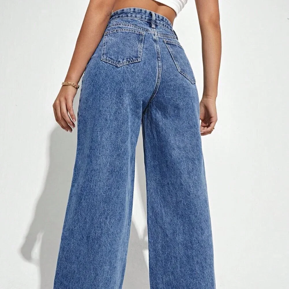 Dark Wash Casual Women's High Waist Wide Leg Jeans - Picture 3 of 6